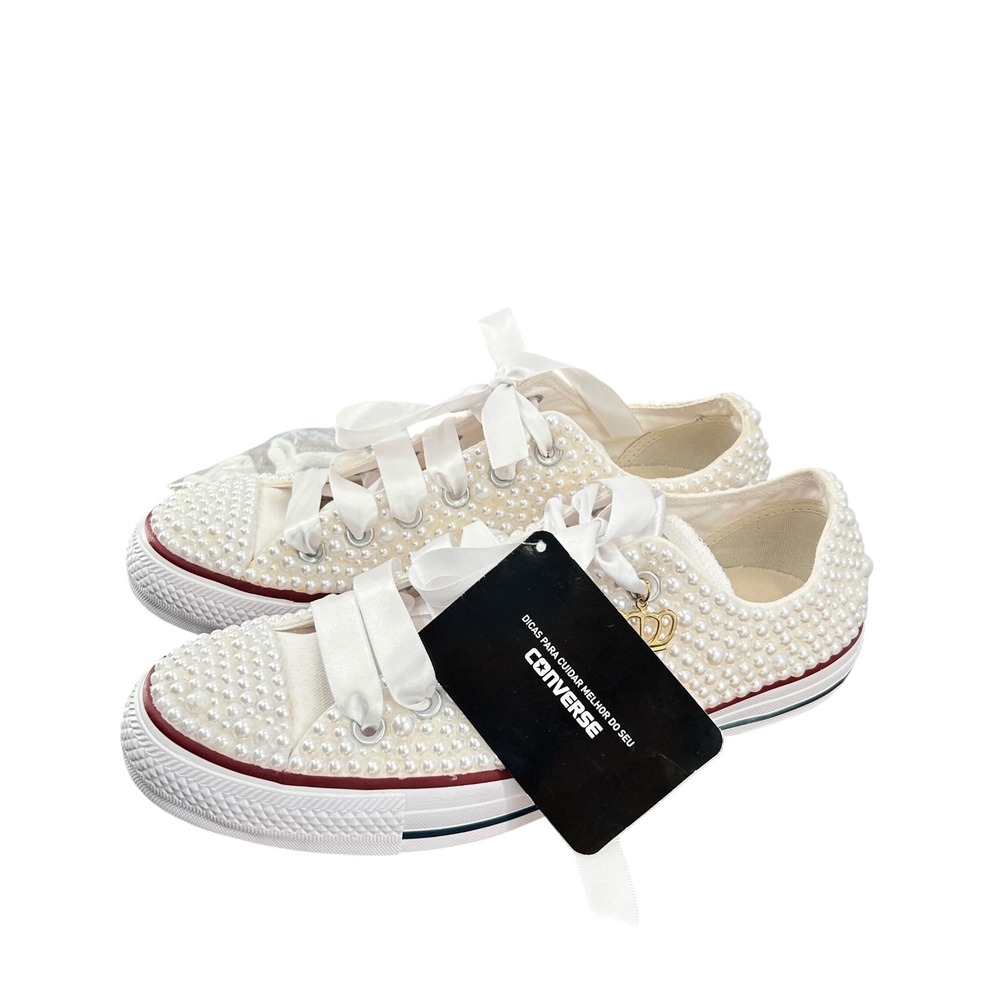 Converse All Star 7  Pearl Custom Bridal Sneakers Whit Satin Ribbon Laces Crown